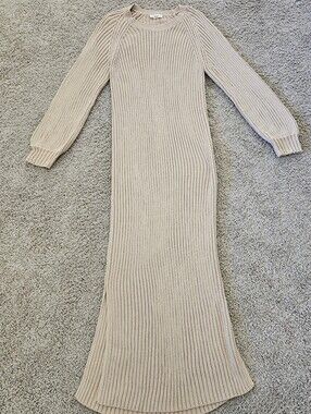 In Loom Beige Ribbed Knit Long Sleeve Side Slit Sweater Dress Maxi Medium